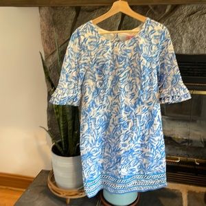 Lilly Pulitzer White and Blue Floral Ruffle Sleeve Mini Dress